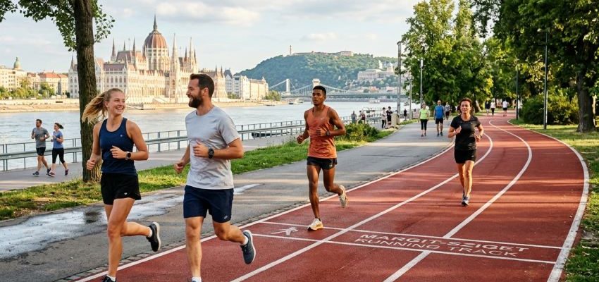 Futók a Margit-sziget rekortán futópályáján, háttérben a Duna és a budapesti Parlament.